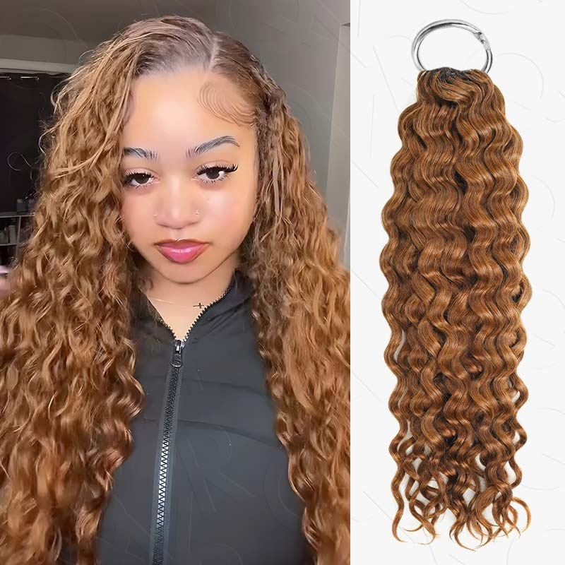 QVR Auburn Brown #30 Crochet Hair Water Wave Machine Made Feather Human Hair Extension Water Wave 14” 3 Packs (Most People Choice)