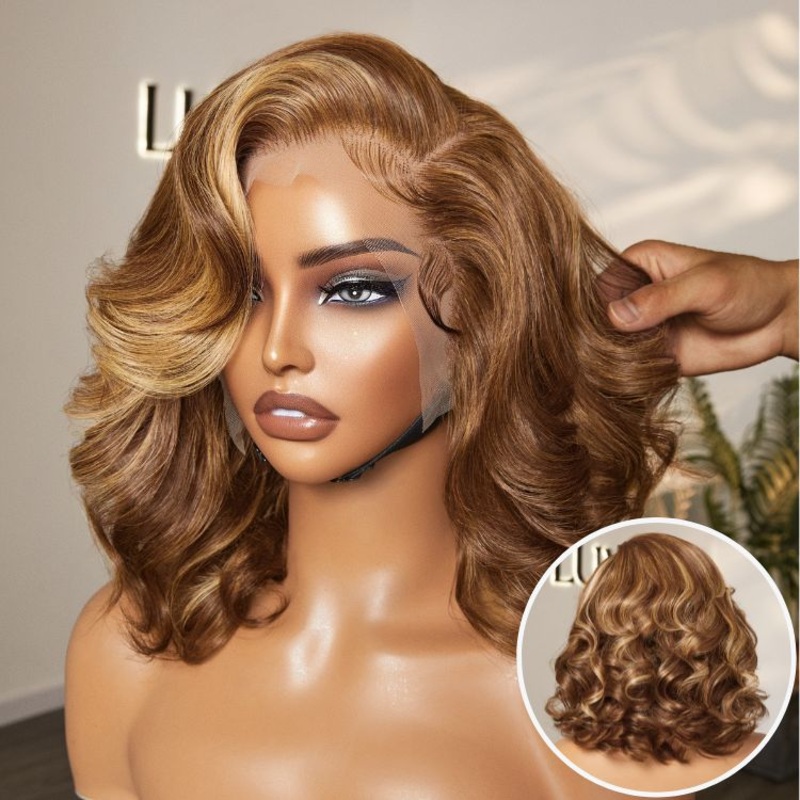Weekly Special | PreMax Wigs – Honey Blonde Highlight / Natural Black / Ombre Blonde Bouncy Body Wave Glueless 13×4 Frontal Lace Human Hair Wig Blonde Highlight 10 Plucked & Bleached, Pre Cut Lace