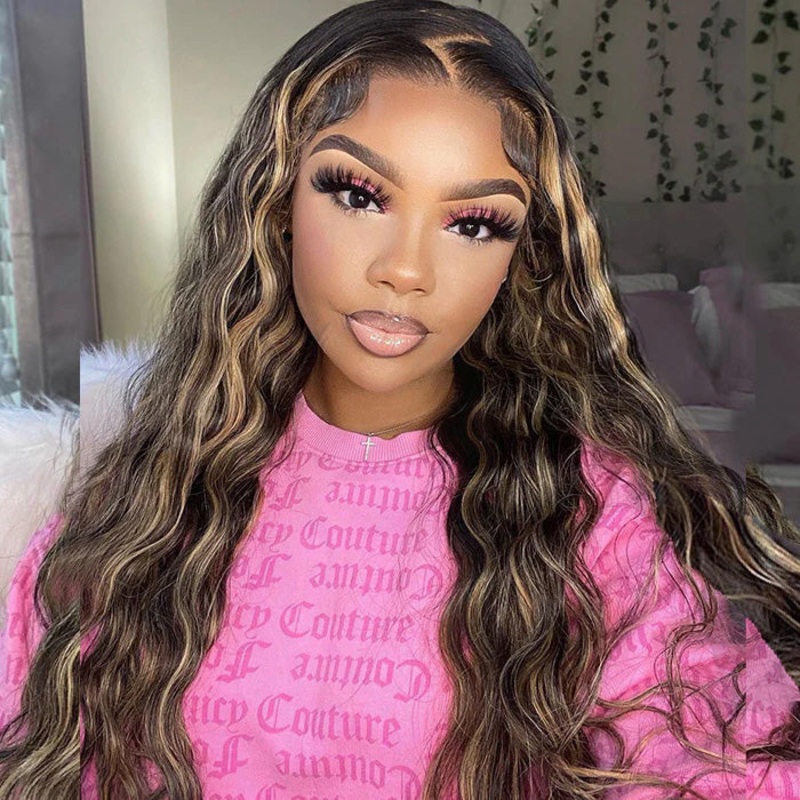 #1b/27 Blonde Highlight Wig Loose Deep Wave 13×4 HD Lace Front Wigs Virgin Human Hair 16 4×4 Lace 150%