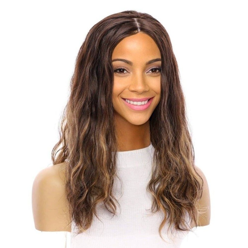 22″ Ponytail Silk Part Wig Dark Brown Balayage Wavy Zig Zag Lace Front