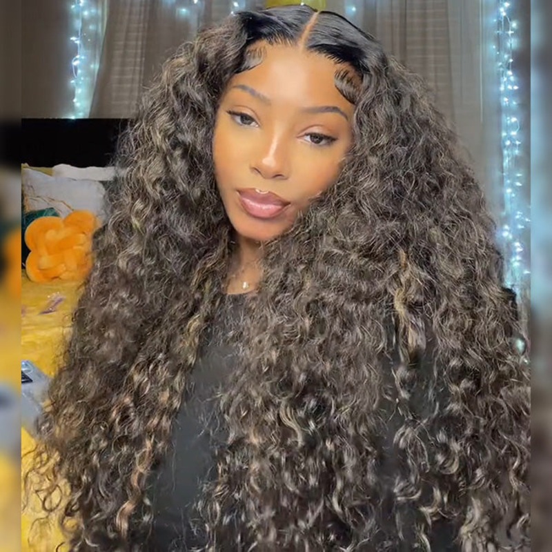 Balayage Highlights Water Wave Put on and Go 8×5 HD Lace Closure Wig No Glue Need M1b/27 Colored Wig 12 Pre Cut 4×4 Lace Water Wave 220% Salon-Quality Model Same with Picture