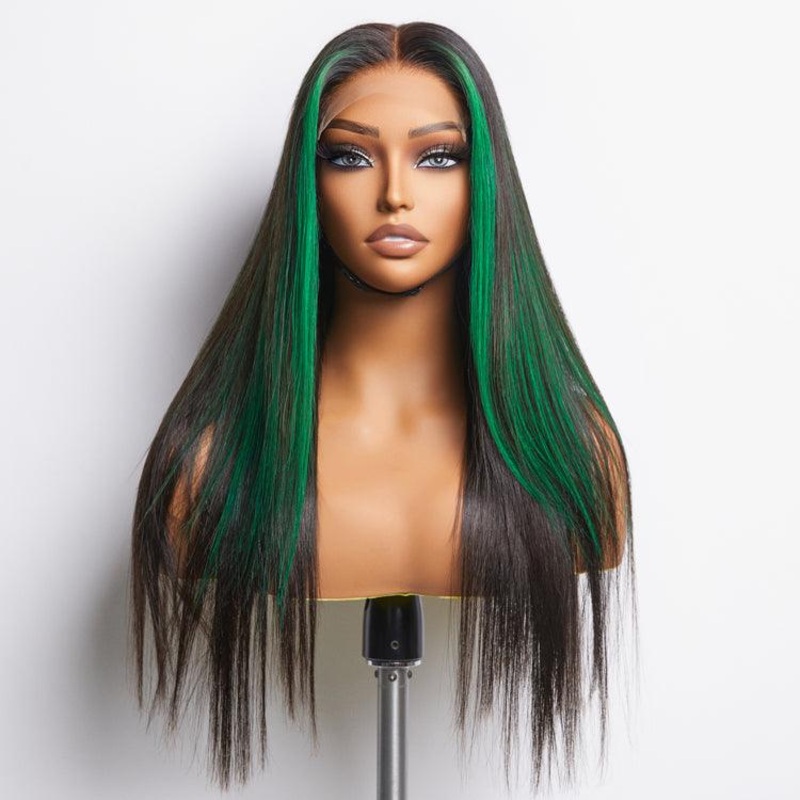 Limited Design | Green Highlight Silky Straight Glueless 5×5 Closure Lace Wig | Large & Small Cap Size S (21.5 inches) 16 (Pre-order | 7-Day Crafting) No