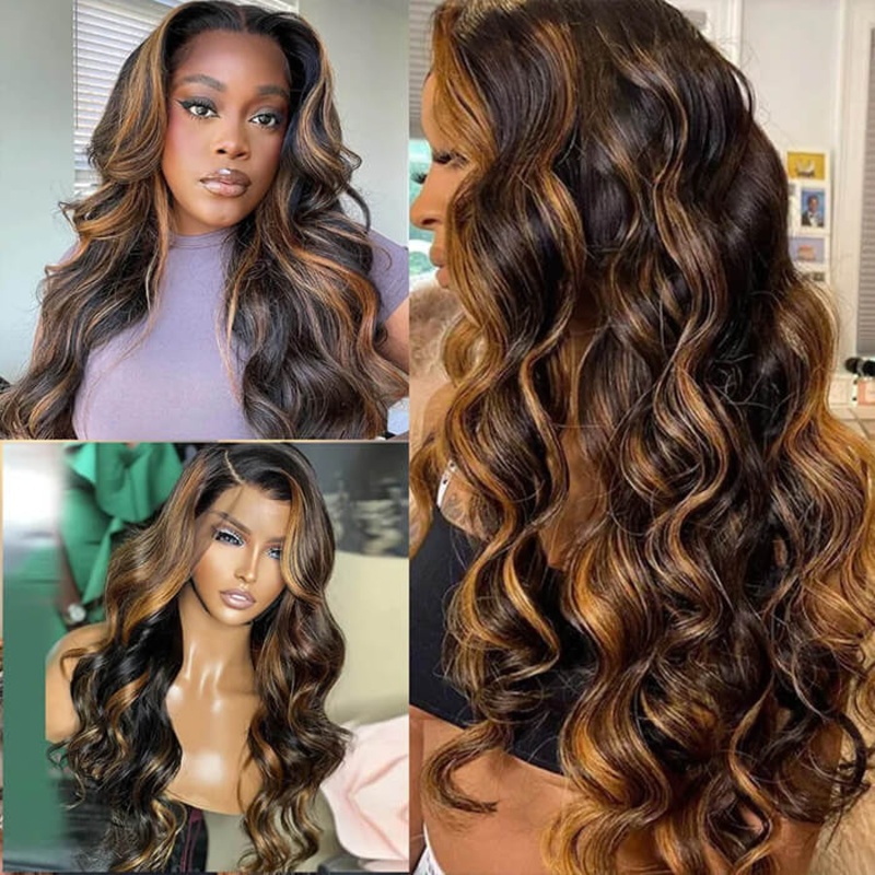 P1b/30 Balayage Highlight Body Wave Wig 13×6 Transparent Lace Front Human Hair Wigs 12 4×4 Lace Glueless Body Wave