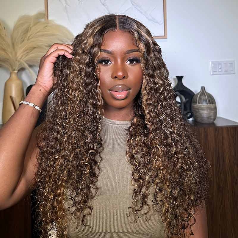QVR Balayage Funmi Curly Glueless 5×5 Lace Closure Wig Brown Highlights Human Hair Wigs 5×5 Lace 180% 14