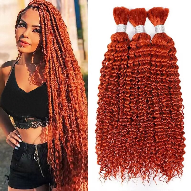 QVR Orange Kinky Curly Bulk Hair Extensions for Boho Knotless Braiding 3 Packs (Full Head) 12”