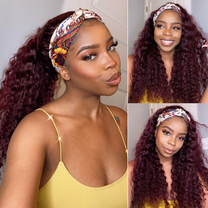 99J Burgundy Color Headband Wigs Deep Wave Human Hair 10 99J 150%