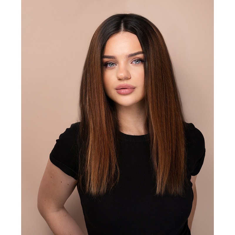 lace front human wig – 14″ rooted brown.