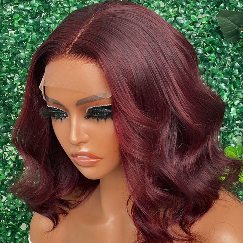 QVR 99J Burgundy Color Hair Short Bob Wigs Body Wave Human Hair Wigs Short Lace Wigs 10” 13×4 Lace