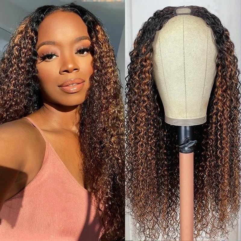 QVR Glueless Curly V Part Wig Balayage Highlights Beginner Friendly Upgrade U Part Wig 14