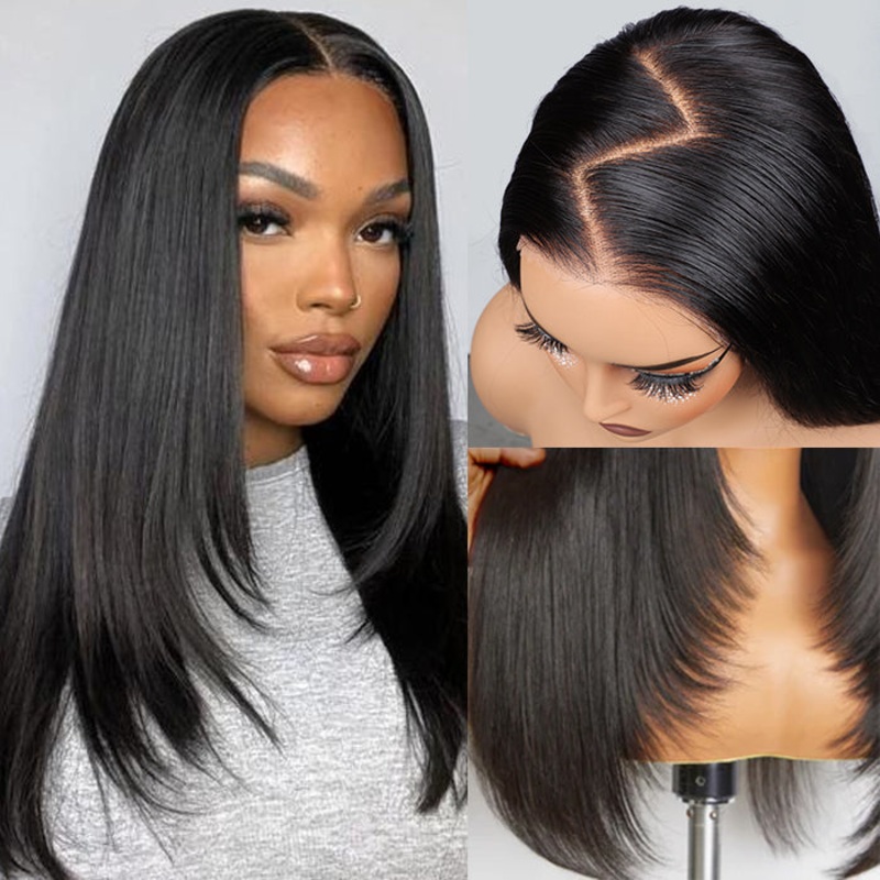 Trendy Layered Cut Straight Wig 13×6 Transparent HD Lace Frontal Wig 14 Natural Black 150%