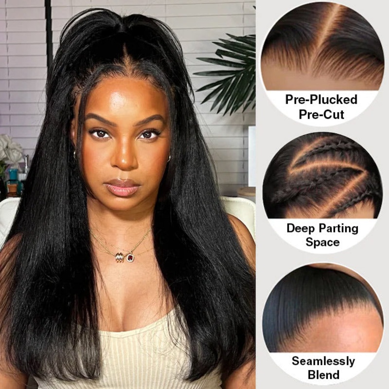 13×6 Lace Frontal Yaki Straight Pre Cut & Pre-Plucked Real Ear To Ear Pre-All Glueless Wig 12 Pre Cut 13×4 Lace 150%