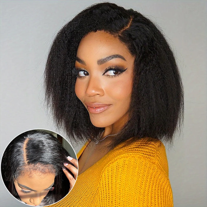 4C Edges Hairline Kinky Straight 85 Pre-bleached Knots Natural Scalp 220% Density Short Bob Wig 10 Pre Cut 8×5 Lace 180%
