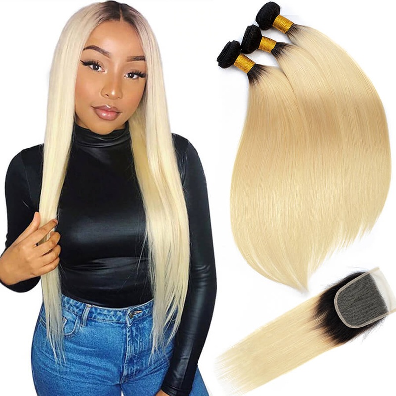 Ombre T1B/613 Blonde Brazilian Straight Hair 3 Bundles With 4*4 Closure Virgin Human Hair 14 14 14 12 4×4 Closure Free Part