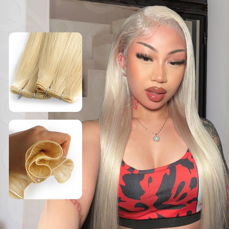 QVR Quick Weave Human Hair Bundles Blonde Straight Invisible Genius Weft Sew In Hair Extensions Blonde #613 14” 1 Bundle (About 45-50gram)