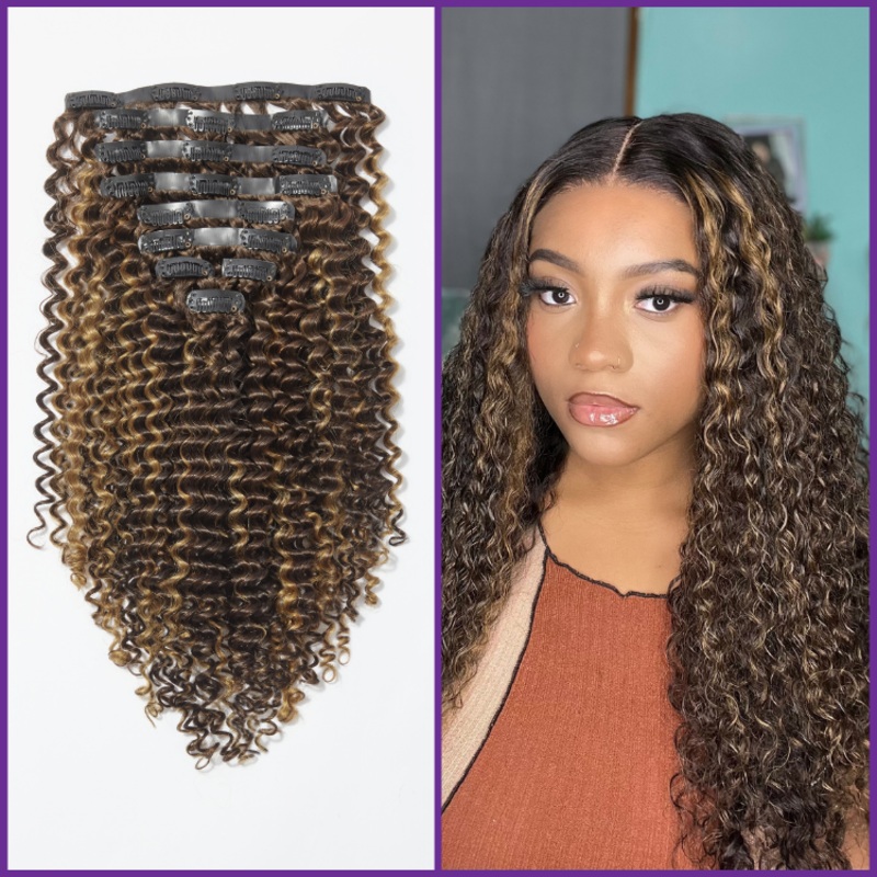 Seamless Brown Highlight Deep Wave Clip in Hair Extensions 135g 9pcs / 7pcs with Free Gift 1 pack 14 Get Free Gifts