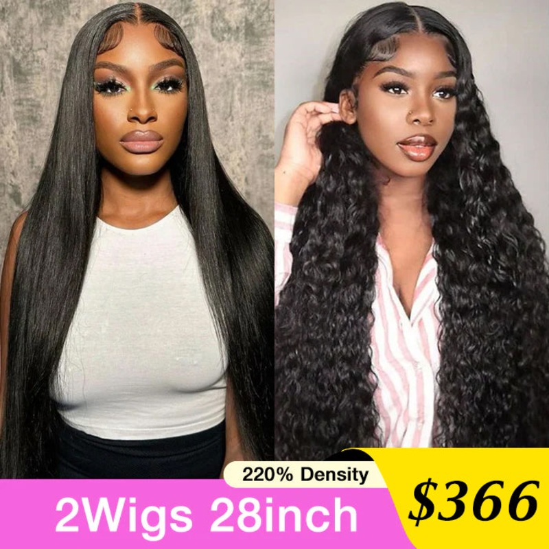 [2Wigs 28inch] Sliky Straight & Water Wave Super Secure Put On & Go Bleached Knots Glueless Wig Silky Straight Wig – 28inch 220% – 8×5 Pre Everything Water Wave Wig – 28inch 220% – 8×5 Pre Everything
