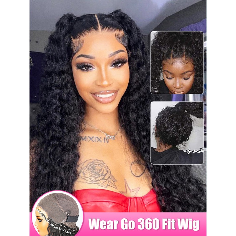 CurlyMe 360 Lace Fit Wear Go Pre-Bleached Deep Wave Human Hair Glueless Wig Pre-Plucked 10