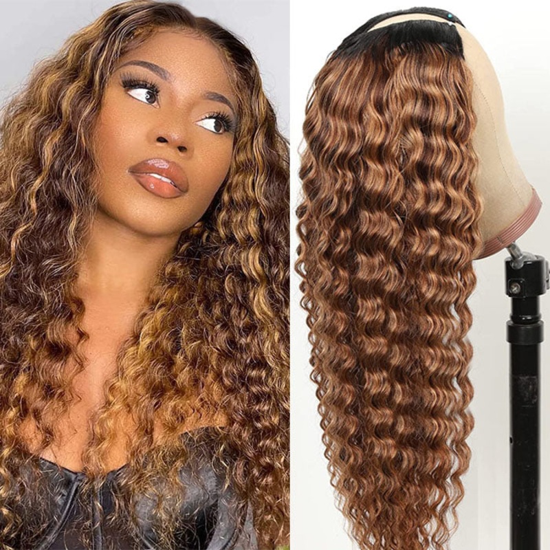 Deep Wave 4/27 Blonde Highlights V/U Part Human Hair Wig Beginner Friendly No Lace Meets Real Scalp 12 V Part 150%