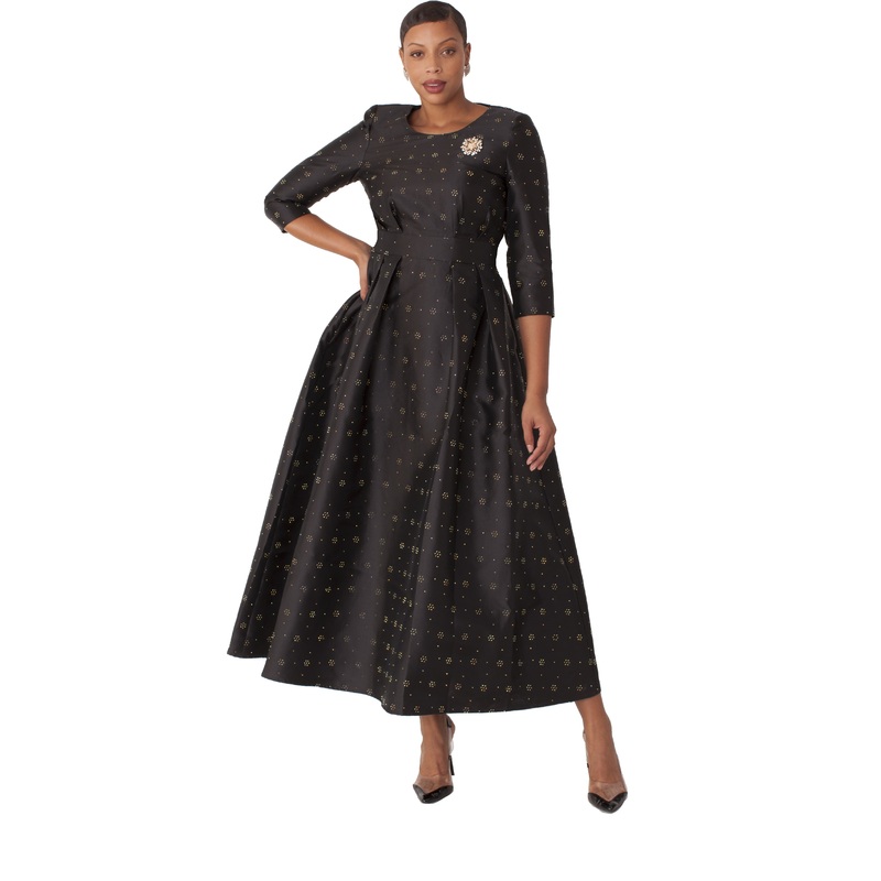 Elegant 3/4 Sleeve Rhinestone Embellished Church Dress-4826 BLACK/GOLD 6