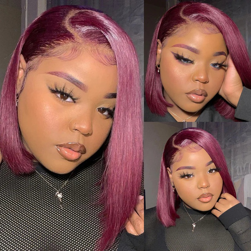 QVR 99J Burgundy Color T Lace Short Bob Wigs Straight Human Hair Wig 180% Lace Front Wigs 8 180% T Lace