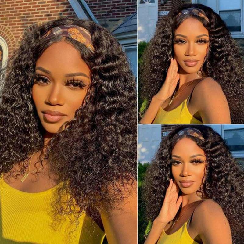 QVR Glueless Deep Wave Headband Wig Human Hair Wear and Go Wigs Natural Looking 16” 180% Deep Wave