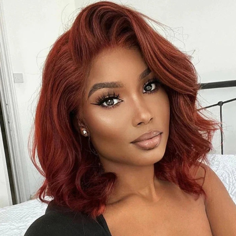 #33 Reddish Brown Color Body Wave 13×4/5×5 HD Lace Frontal Wigs Short Bob Red Brown Wig 220% Density 10 13×4 Lace 220%