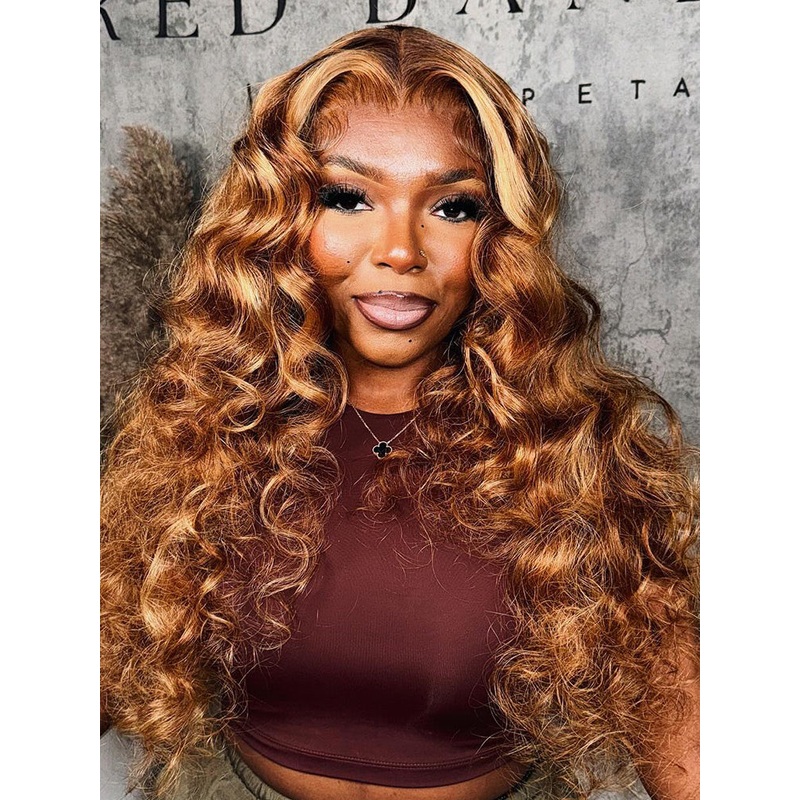 CurlyMe Highlights Ombre 7×5 Swiss Lace Wear Go Wand Curl Glueless Wigs Pre Cut Lace Wig 180% 14(bob)