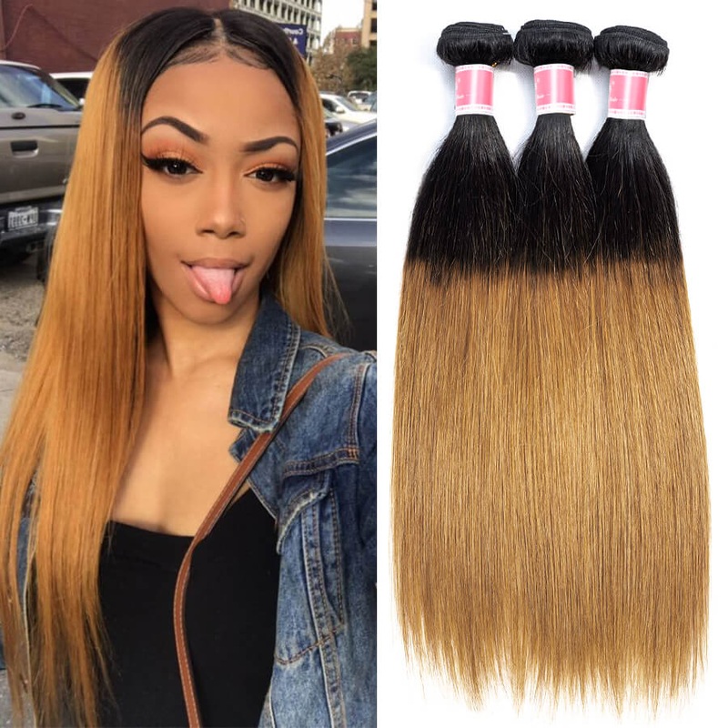 Ombre T1b/27 Brazilian Remy Straight Hair 3 Bundles Unprocessed 100% Human Hair Weave 10 10 10