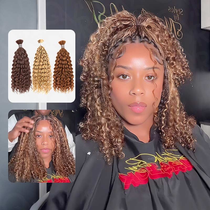 QVR Multi-Color Water Wave Bulk Hair Extensions for Boho Knotless Braiding #4+#27+#30 (1 of each color) 14”