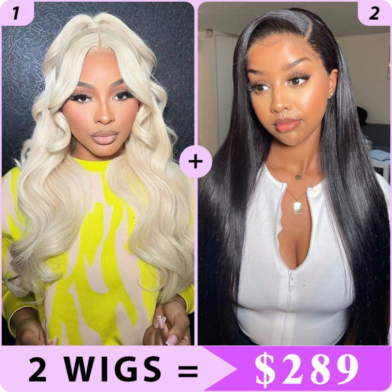 2 Wigs Set | #613 Blonde Body Wave 5×5 HD Lace Wig & Silky Straight 13×4 Skin Melt HD Lace Glueless Wig 22″ 5×5 HD Lace Body Wave Wig  – #613 Blonde 24″ 13×4 HD Lace Straight Wig  – Natural Color