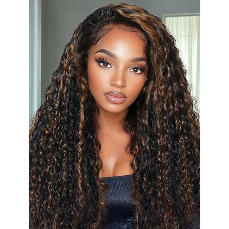 CurlyMe 3 IN 1 Water Wave Glueless Black Wig With Golden Brown Highlight Wear Go Half Wig 180% 10