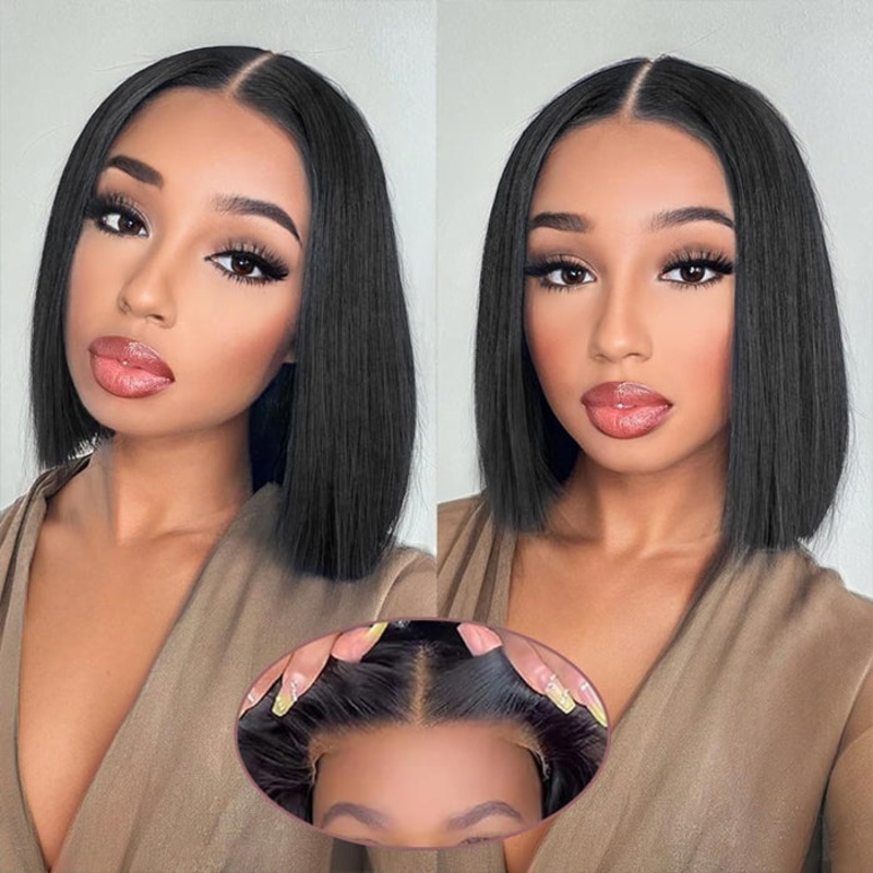 Put On And Go Glueless 4×4/5×5 Pre Cut HD Lace Straight Bob Wigs With Pre Bleached 10 4×4 Pre Cut  Lace 220%
