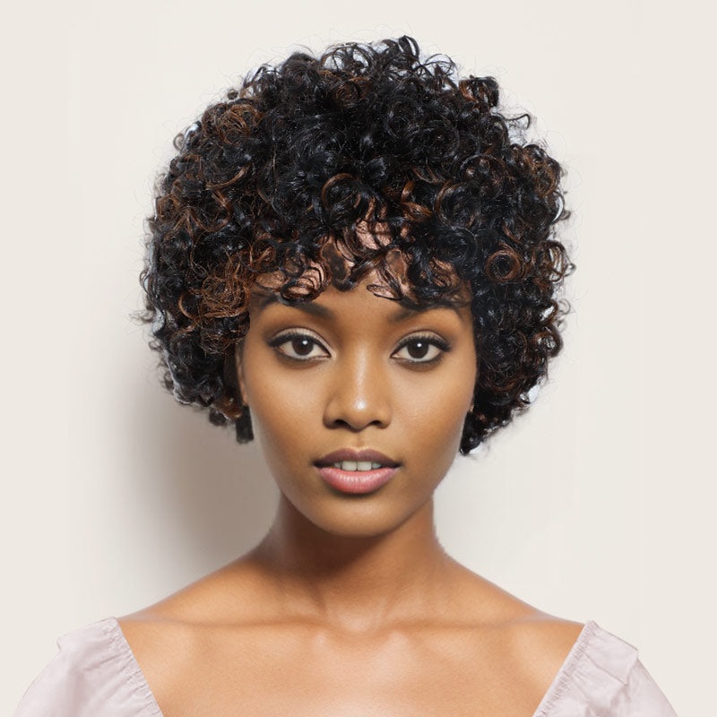 QVR Brown Highlights Short Curly Wigs with Cute Bang for Black Women Machine Made Wig 10”