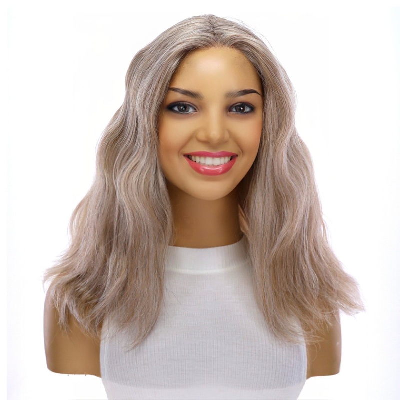 16″ Divine Lace Top Wig Champagne Grey Wavy Zig Zag Lace Front