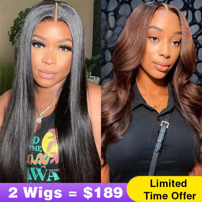 2Wigs = $189 | Glueless Straight Wig + Glueless Body Wave Wig #4 Chocolate Brown Color 8×5 Pre Cut Lace – Glueless Straight Wig – 20″ 8×5 Pre Cut Lace – #4 Body Wave Wig – 20″