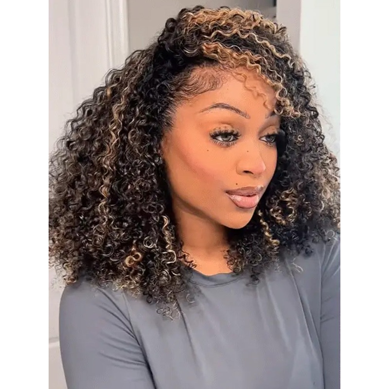 CurlyMe 3 IN 1 Highlight Brown Kinky Curly Half Wig Draw-strings Flip Over Wig 250% 18