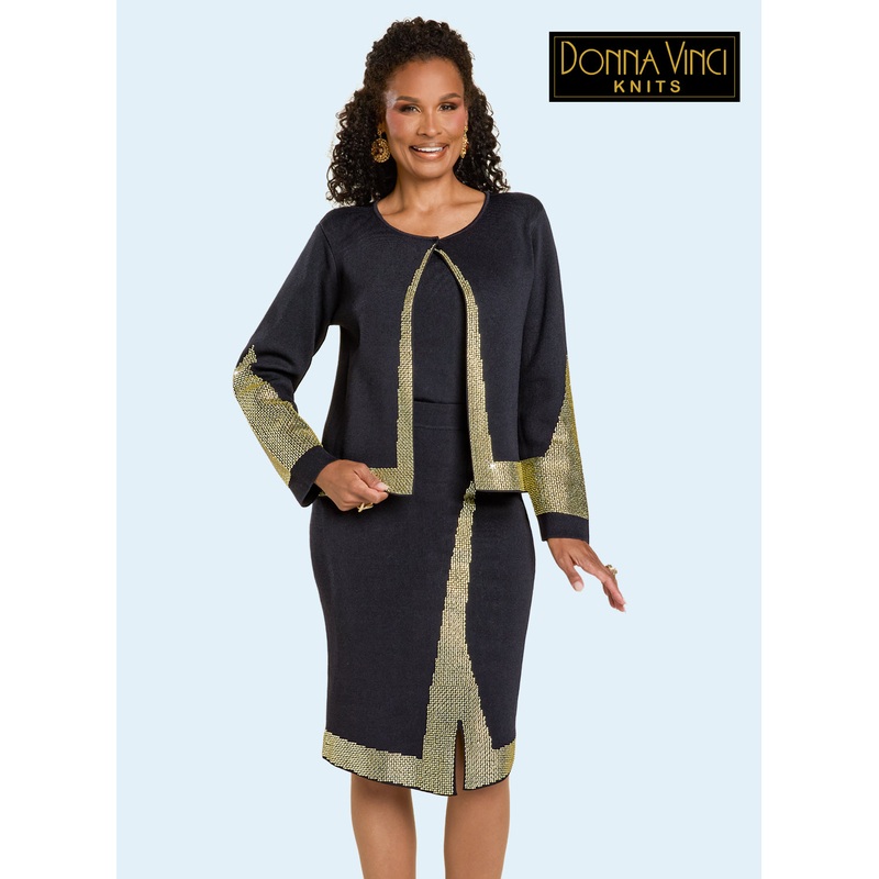 Donna Vinci Knits, Trimmed in Gold Knit 3pc. Jacket, Cami & Skirt Set BLACK/GOLD 10