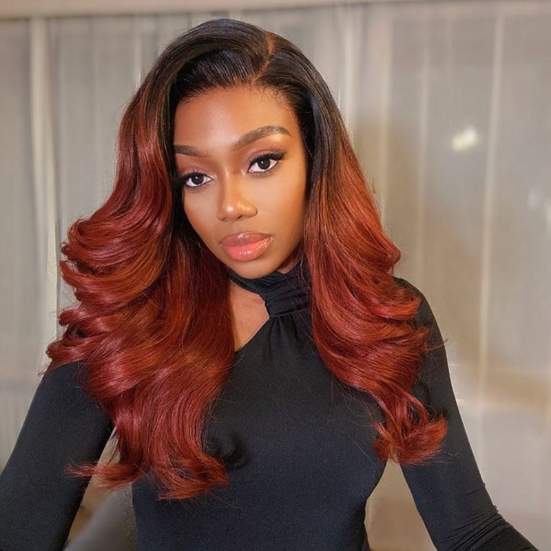 QVR Glueless Ombre Reddish Brown Color Glueless V Part Body Wave Wigs 1B/33 Human Hair Wigs WIth Dark Roots 14”
