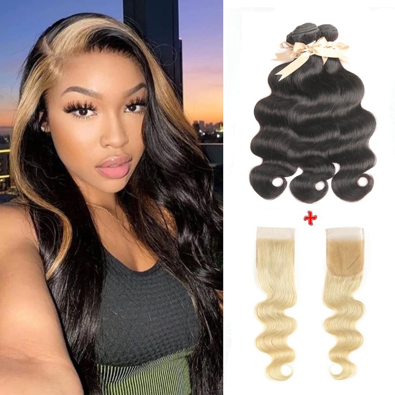 Skunk Stripe Human Hair 3 Bundles with Closure Virgin Human Hair Weave Blonde Closure And Black Hair Bundles Style 8″8″8″+8″