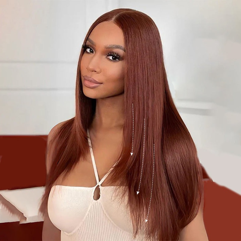 #33 Reddish Brown Layered Cut Straight Wigs 13×4/5×5 HD Lace Frontal Human Hair Wigs 14 Mid Part 5×5 Lace 180%