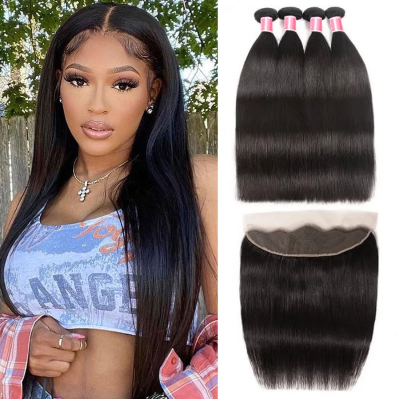 Brazilian Straight Hair 4 Bundles with 13*4 Lace Frontal Virgin Human Hair 10 10 12 12+8