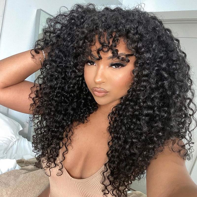 QVR Highlight Curly No Lace Piano #4/27 Color Glueless Machine Made Wig With Bangs Natural Black