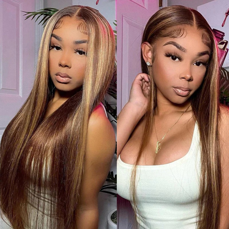 VIP Exclusive|Honey Blonde Highlight Straight 4×4 Lace Closure Wig Human Hair 13×4 Lace Front Wig 4×4 Lace 16