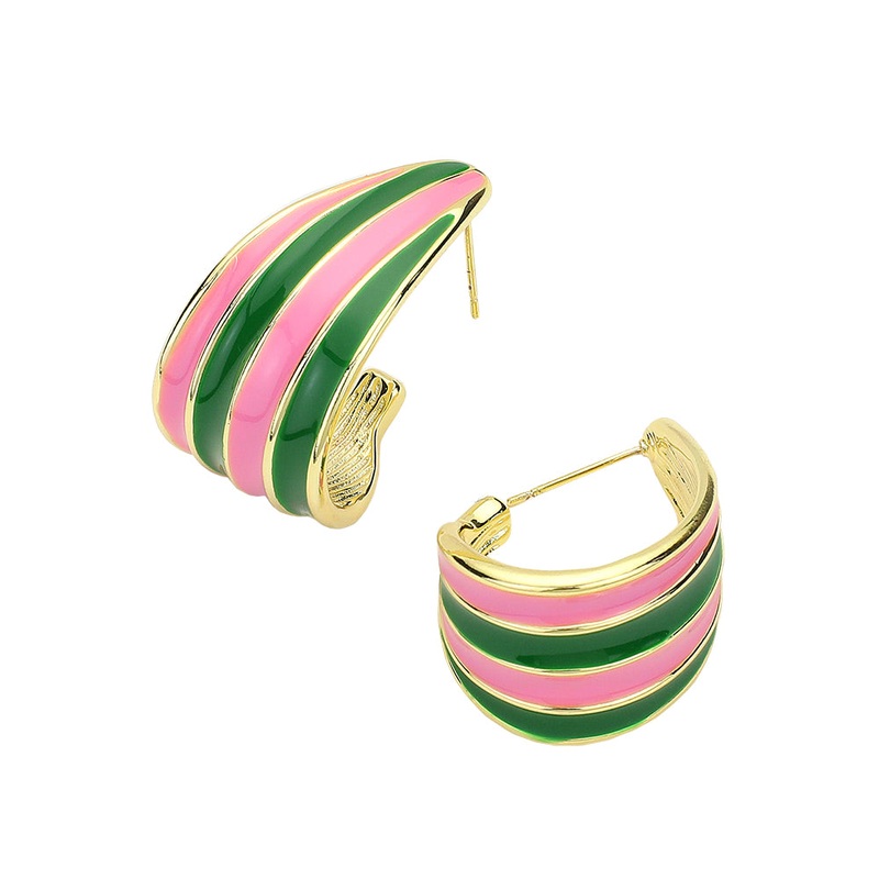 14K Gold Dipped Enamel Vibrant Wave Stripe Hoop Earrings Gold, Pink&Green