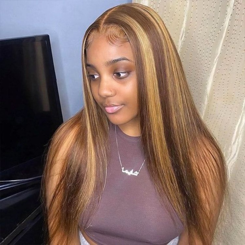 18 inches = $129.9 | Honey Blonde Highlight Silky Straight Glueless 5×5 Closure HD Lace Long Wig 18 inches