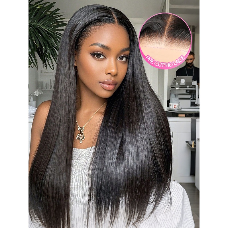 CurlyMe Pre-bleached Straight Hair Wear Go Glueless Wig 7×5 Pre-cut HD Lace Pre-plucked 7×5 HD Lace 180% 8(bob)