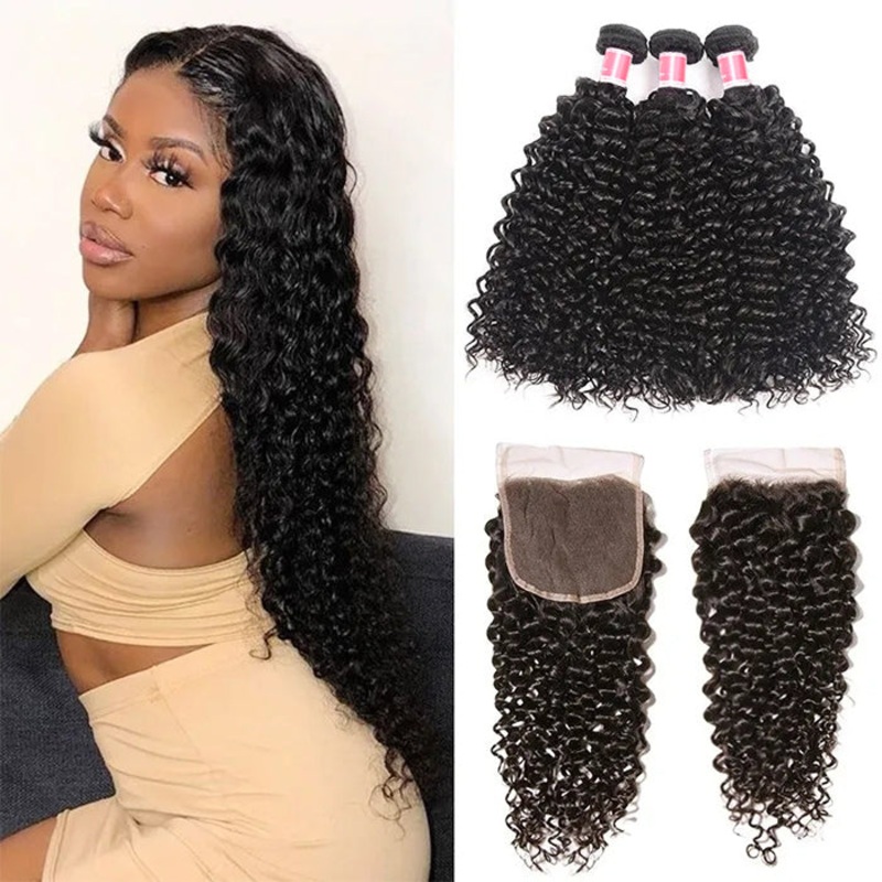 Malaysian Curly Hair 3 Bundles with 4*4 Closure Soft Unprocessed Virgin Human Hair 12 12 12+10 Free Part