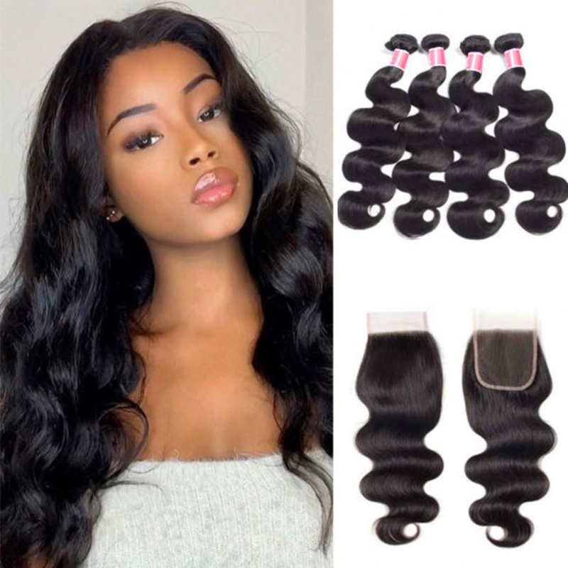 Peruvian Body Wave 4 Bundles with 4*4 Closure Soft Unprocessed Virgin Human Hair 10 10 12 12+8 Free Part