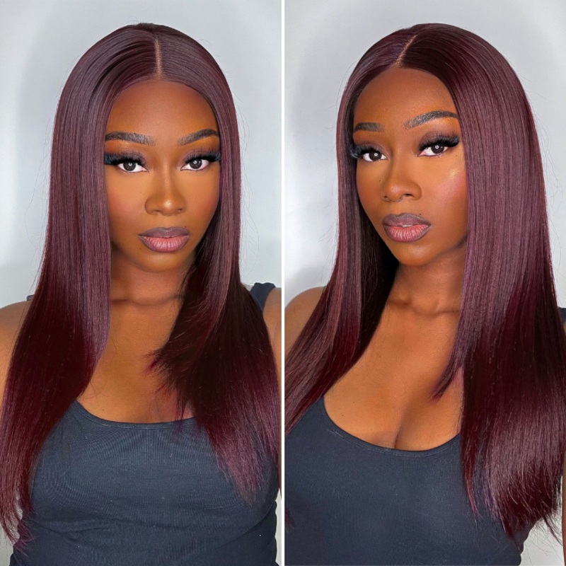 Weekly Special | Graceful 99J Burgundy Straight Layer Glueless 5×5 Closure Lace Wig 100% Human Hair – US Only 14 No