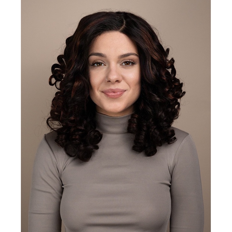 4×4 lace front human wig – 18″ 3a curly brown highlights.